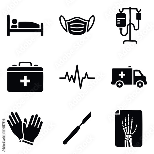 Collection of medical icons for healthcare services, hospital treatment, emergency response, and surgical procedures, useful for clinic websites and health applications.