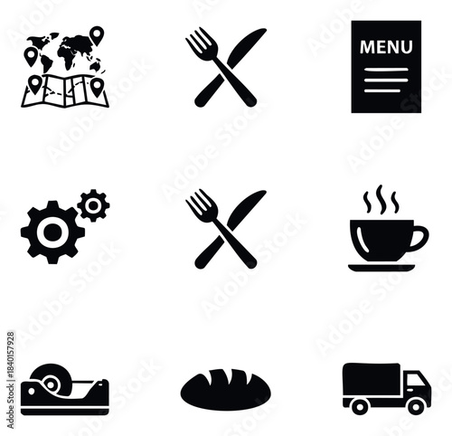 Collection of black icons representing travel, food, work, and delivery services for commercial use and online platforms