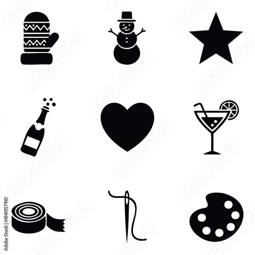 Collection of nine flat black graphic icons for celebration, winter, crafting, and hobbies, perfect for web or print applications