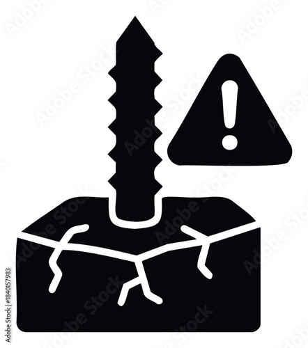 Warning symbol with exclamation mark above cracked earth and screw, representing danger or risk in soil stability or construction projects for safety awareness and hazard communication