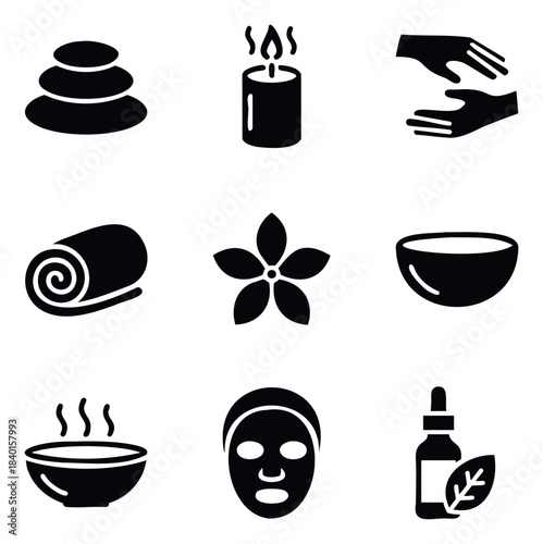 Spa and wellness icons featuring massage stones, a candle, a rolled towel, a flower, a bowl, a face mask, and oil bottle for health and relaxation concepts