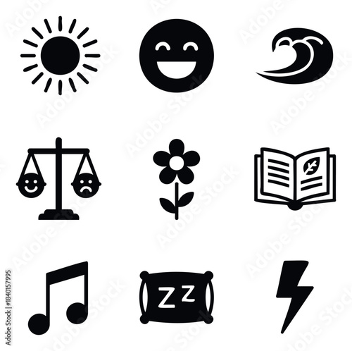 Collection of icons representing positive emotions, nature, learning, music, rest, and energy for well being themes and graphic projects.