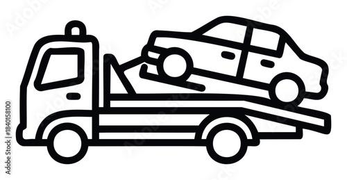 Iconic graphic representation of a tow truck carrying a damaged car, ideal for automotive services, roadside assistance, or transportation themes.