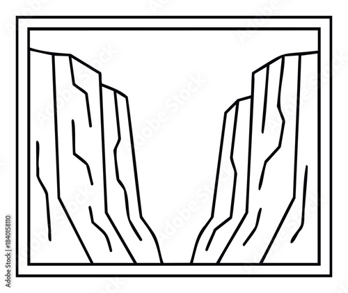 Minimalist linear depiction of a canyon or gorge with rocky walls and a framed view for use in graphic creation and landscape representation.