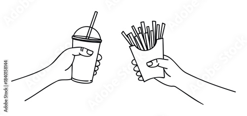 Hands holding a drink cup with a straw and a container of french fries, perfect for food and beverage promotions or fast food concept.
