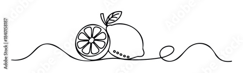 Simple continuous line drawing of a whole lemon with a slice and leaf, perfect for healthy food branding, natural product promotions, and vibrant culinary themes.