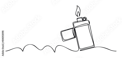 Minimalist continuous line drawing of a lit lighter emitting a flame, suitable for representing fire, ignition, or inspiration in various projects