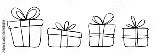 Hand drawn simple line gift boxes with ribbons and bows in various sizes perfect for holiday greetings and celebration decorations.