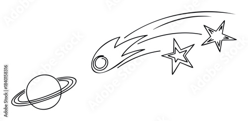 Cosmic journey of a shooting star past a ringed planet and celestial stars for space exploration and fantasy themed projects