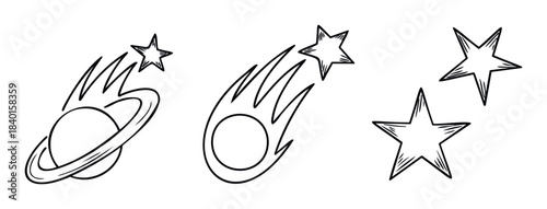 Cosmic celestial bodies with shooting stars and planets, perfect for space exploration themes and astronomy related projects, conveying wonder and vastness.