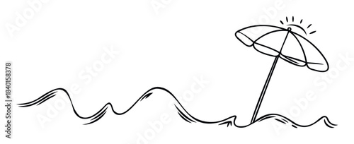 Minimalist single line drawing of a beach umbrella casting a shadow on the sand with sun rays for summer vacation and holiday concepts.
