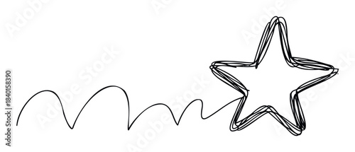 Hand drawn black line sketch of a star with trailing wavy line representing creativity and imagination, perfect for celebratory and playful concepts.