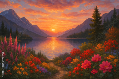 Colorful painted-style mountain lake at sunset with vibrant flowers, dreamy fantasy landscape illustration background. generative AI