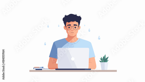 Overwhelmed by work pressure, a young man struggles with stress and anxiety, facing demanding deadlines and a heavy workload at his computer