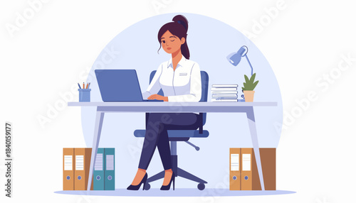 Dedicated Professional Woman Actively Working on a Laptop at Her Desk, Illustrating Modern Workplace Productivity and Focused Business Operations in a Flat Design Style