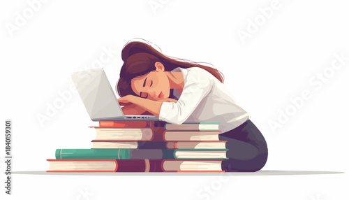 Tired student sleeping on books next to a laptop, overwhelmed by study and work, emphasizing burnout and exhaustion
