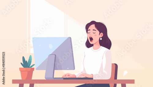 Woman yawning at her desk while working on a computer, illustrating fatigue and exhaustion during work hours