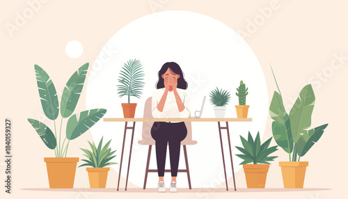 Young woman feeling overwhelmed and stressed by work, experiencing burnout in a serene home office surrounded by lush houseplants, needing a break