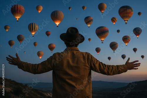 Traveler with outstretched arms watching hot air balloons at twilight, dreamy blue hour sky and glowing balloons, generative AI