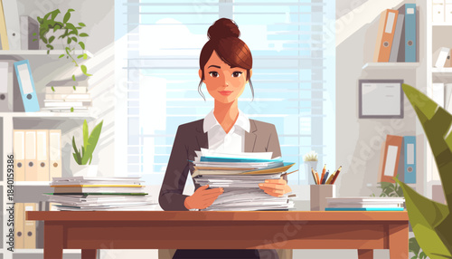 Diligent young business professional efficiently managing a large workload of documents and administrative tasks in a modern office environment