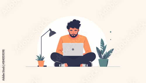 Young professional enjoying a comfortable home office setup, symbolizing the freedom and efficiency of digital entrepreneurship and a modern remote lifestyle