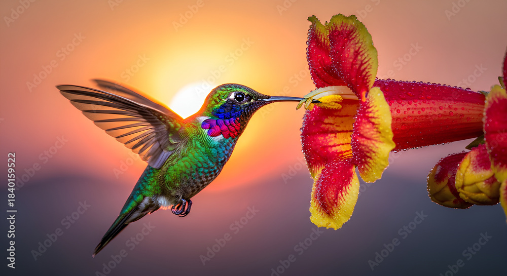 Naklejka premium Vibrant Hummingbird Feeding from a Red and Yellow Flower at Sunset