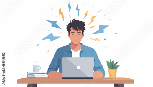 Anxious young man overwhelmed with stress while working on his laptop, depicted with lightning bolts emanating from his head
