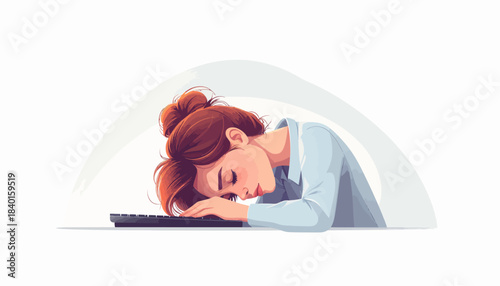 Illustration of a tired woman sleeping on a keyboard, symbolizing exhaustion and burnout in the workplace