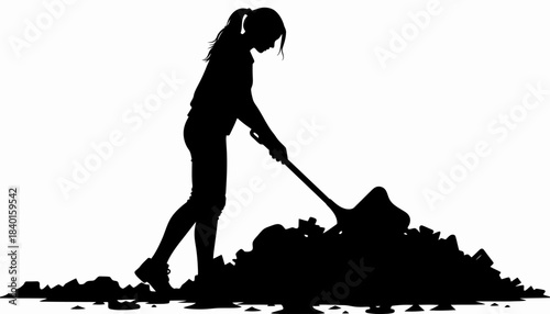 Silhouette of a Woman Digging in a Pile of Dirt with a Shovel
