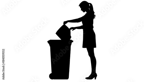 Silhouette of a woman throwing trash into a bin, emphasizing cleanliness and responsible waste disposal