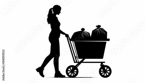 Silhouette of a woman pushing a shopping cart filled with garbage bags, symbolizing waste management and recycling efforts