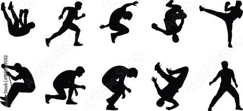 Dynamic action silhouette set, athletic poses, jumping, running, flipping, kicking, crouching, black vector art, motion study, isolated design