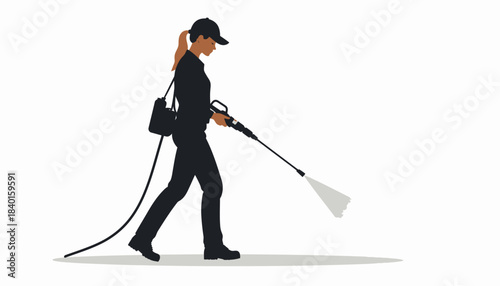 Professional woman operating a high-pressure cleaning tool, demonstrating efficiency and focus in an industrial or outdoor maintenance task, vector illustration