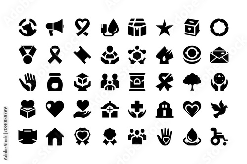 Charity and donation vector icons pack, showcasing a comprehensive collection of symbols for humanitarian aid, philanthropy, and community support initiatives