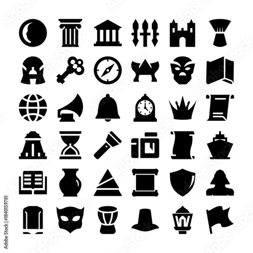Ancient and historical vector icons pack, featuring symbols representing different cultures, civilizations, and significant elements from past eras