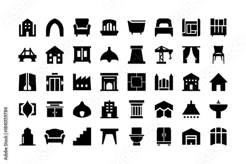 Architecture and furniture vector icons pack, presenting a diverse range of symbols for buildings, interior design elements, and residential structures