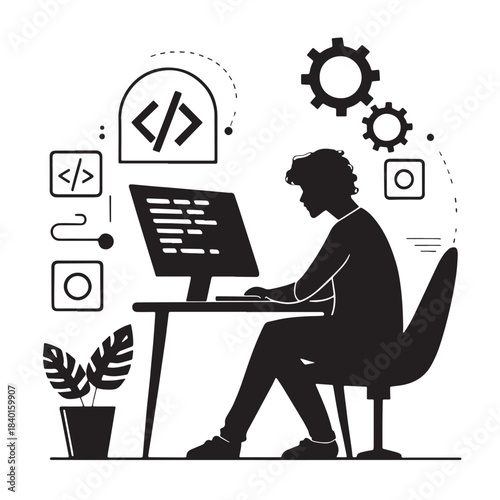 Black software development Silhouette Vector, High Quality Illustration on White Background