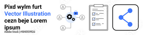 Data sharing, network security, project coordination, workflows, information management, team collaboration. Diagram with gears, checklists and sharing nodes. Data sharing and network security