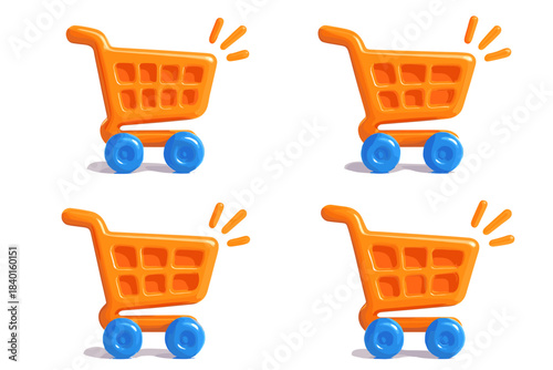 Quadruple bright orange shopping carts with blue wheels on white background