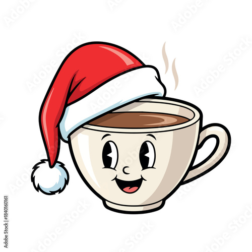 Coffee cup wearing Santa hat, cartoon vector illustration