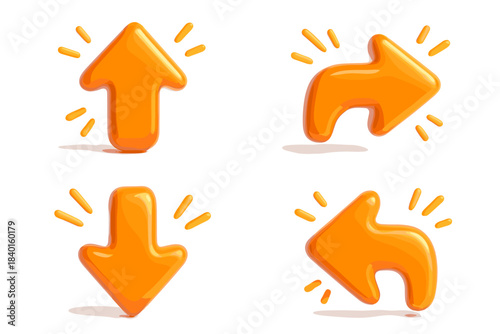 Vibrant 3d orange arrows set on white background with upward and downward directions