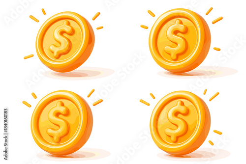 Set of four shiny golden coins with dollar symbol on white background