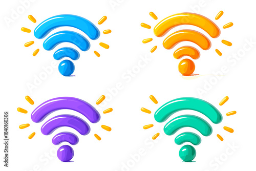 Colorful wifi symbols with radiating signal waves in four variations