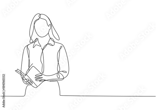 One continuous line drawing of a woman holding a book, representing education, reading, knowledge, and intellectual pursuit in a simple style.