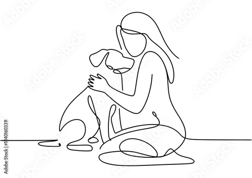 Minimalist line art illustration of a woman gently hugging her loyal dog, capturing the bond of companionship and unconditional love in a simple, artistic style