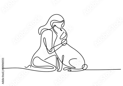 Continuous line drawing of a woman hugging her beloved dog, symbolizing love, companionship, and the human-animal bond