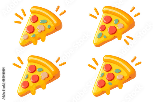 Four cheesy pizza slices with toppings and cheese drips on white background