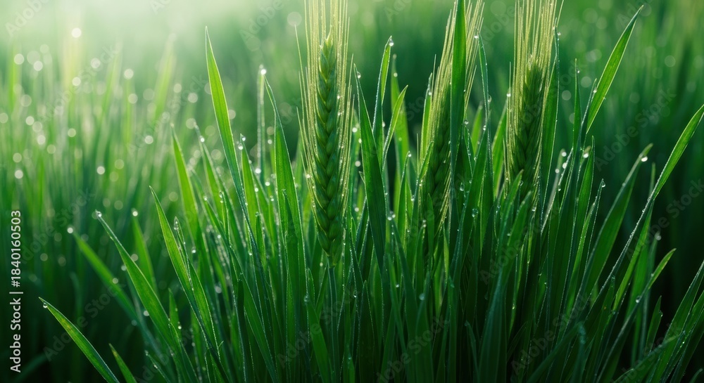 Obraz premium Close-up of fresh green grass field with morning dew drops and sunlight, vibrant nature background
