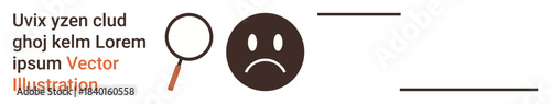 Search results, problem-solving, feedback analysis, emotional reactions, truth seeking, problem detection. Sad face with magnifying glass. Search results and problem-solving concept