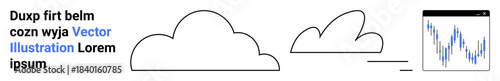 Cloud computing, data analysis, technological processes, business metrics, forecasting, digital solutions. Two cloud icons and a data graph on a screen. Cloud computing and data analysis